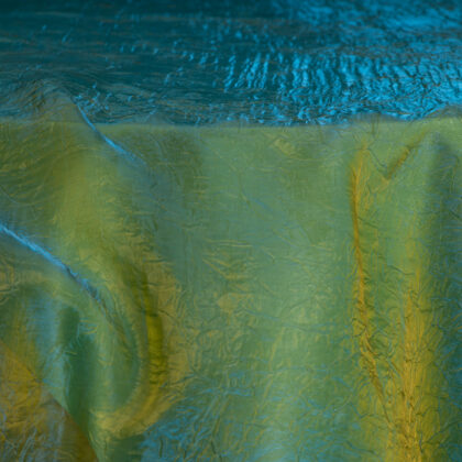 Blue Iridescent Crushed Organza with Apple Green Poly Taffeta Underlay Tablecloth