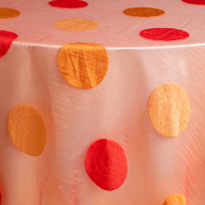 Coral & Orange Circles Iridescent Organza with Light Peach Satin Underlay Tablecloth Peach Satin